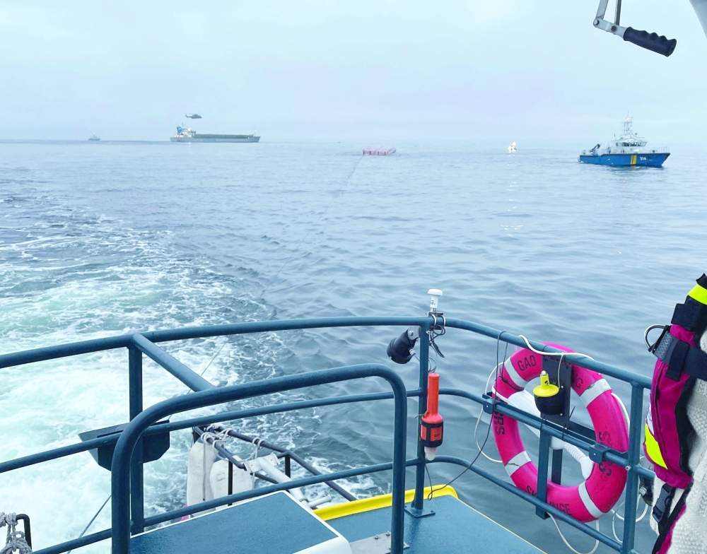 British cargo ship Scot Carrier is pictured after colliding with Danish cargo ship Karin Hoej, between Ystad and Bornholm, on the Baltic Sea on Monday. - Reuters  