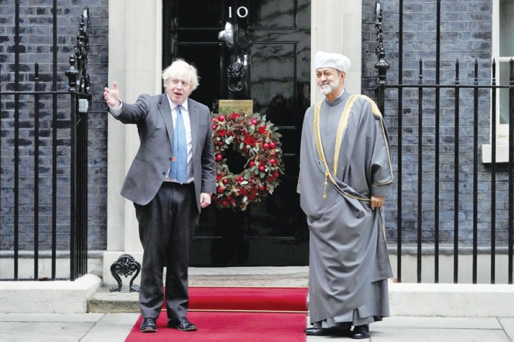 UK Prime Minister Boris Johnson welcomes His Majesty Sultan Haitham bin Tarik at 10 Downing Street in London on Thursday. — Reuters