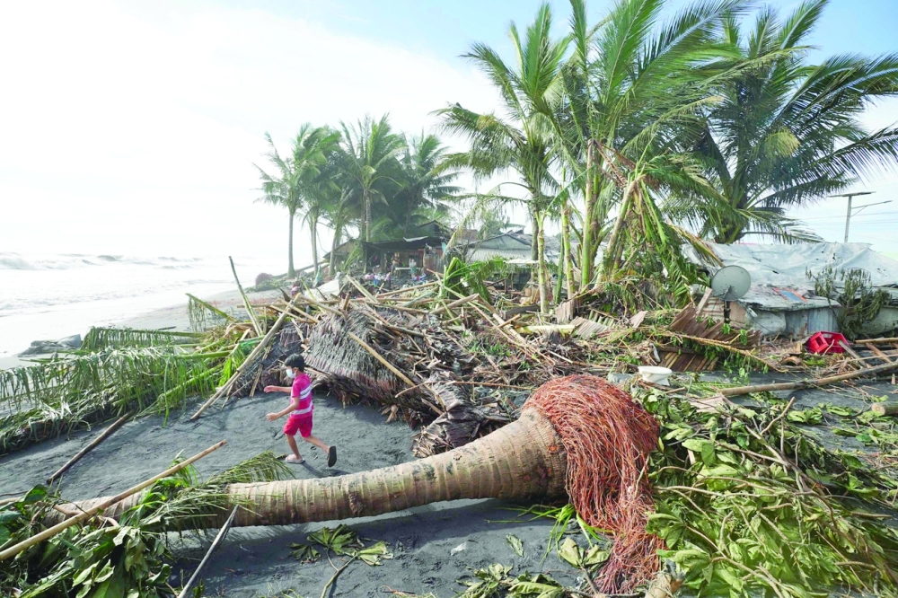 A child plays next to uprooted coconut and banana trees in the coastal town of Dulag in Leyte province on Friday. - AFP