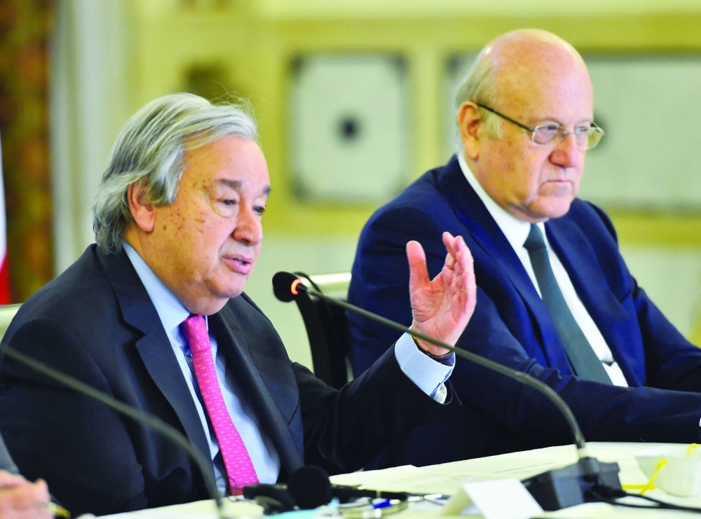 United Nations Secretary-General Antonio Guterres gestures as he attends a joint press conference with Lebanon's Prime Minister Najib Mikati in Beirut, on Monday. - Reuters