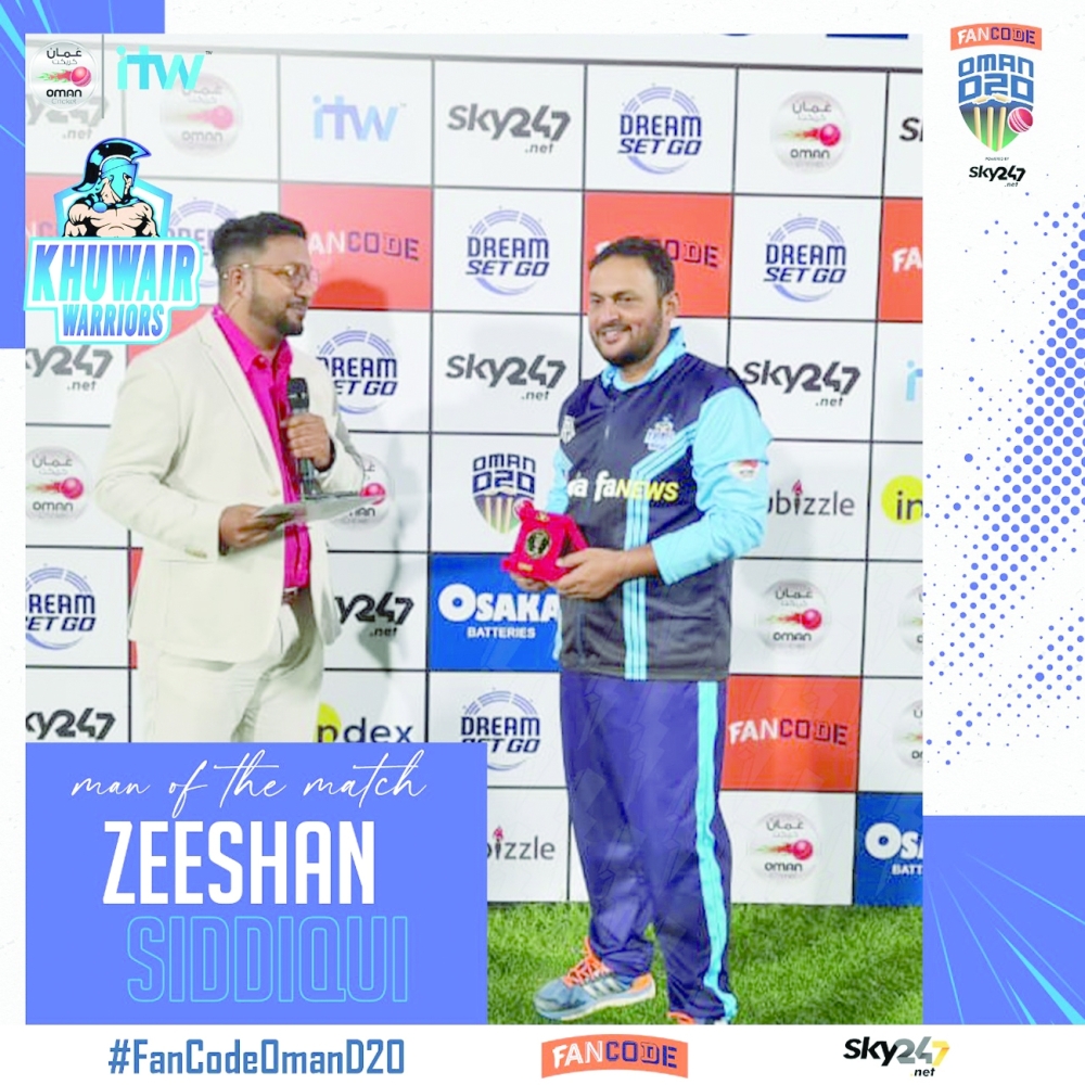 Zeeshan Siddiqui of Kuwair Warriors with his player of the match prize