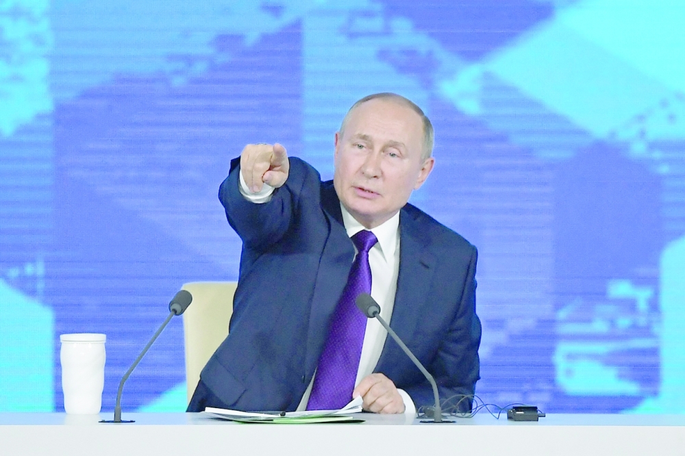 Russian President Vladimir Putin holds his annual press conference at the Manezh exhibition hall in central Moscow on Thursday. - AFP