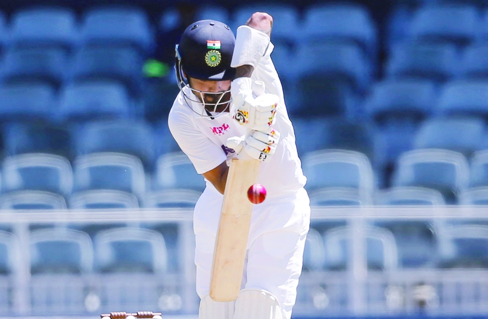 India's KL Rahul plays a defensive shot during the first day of the second Test against South Africa at The Wanderers Stadium in Johannesburg. -- AFP