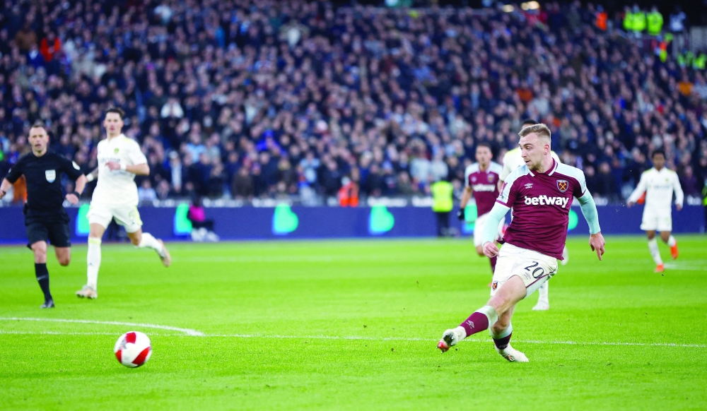 West Ham United's Jarrod Bowen scores their second goal. -- Reuters
