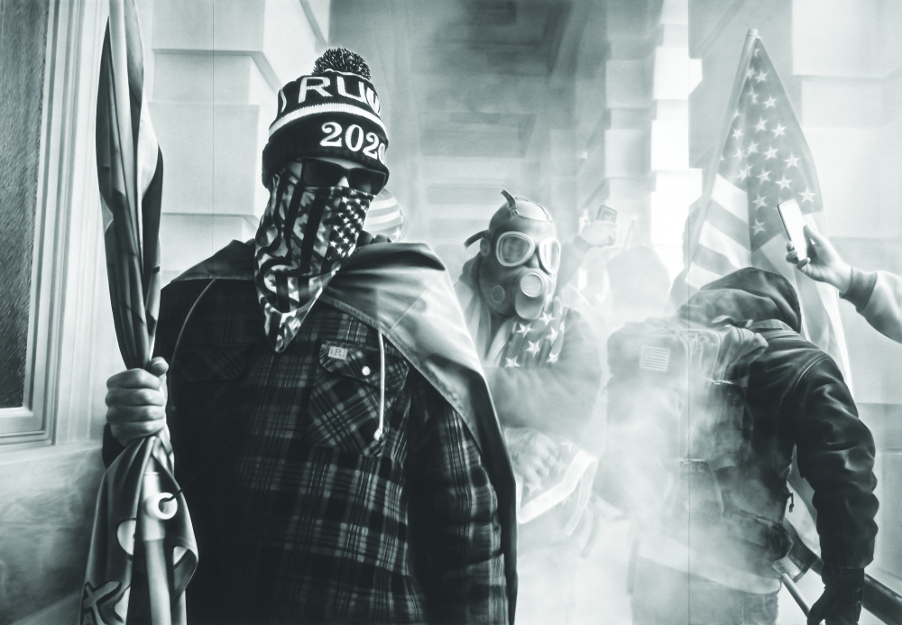 Untitled (Insurrection at the U.S. Capitol; January 6th, 2021; Based on a photograph by Mark Peterson), a charcoal by Robert Longo. (Robert Longo and Pace Gallery via The New York Times) 