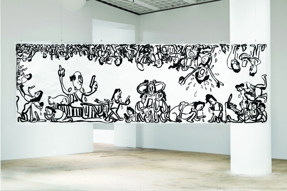 brechen, brach, gebrochen, du brichst, bricht, brich! (to break, broke, broken, you break, breaks, break!) and einsperren (to lock someone up)," a work by Paul Chan created after the insurrection at the Capitol. (Courtesy Greene Naftali, New York via The New York Times)