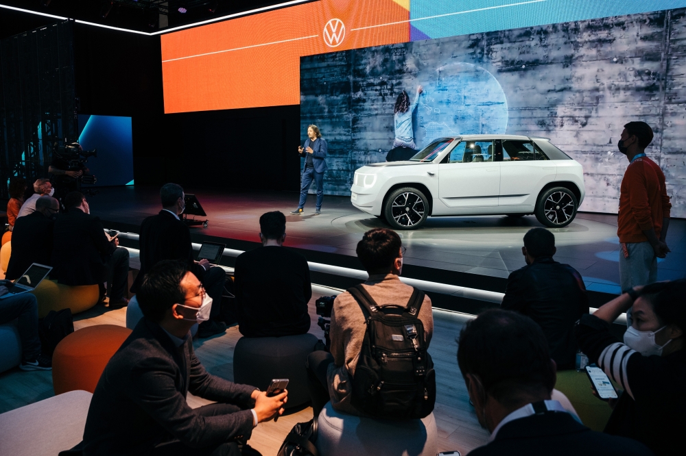 The VW chief designer Jozef Kaban speaks about the Volkswagen ID at an event in Munich, Sept. 6, 2021. (Felix Schmitt/The New York Times)