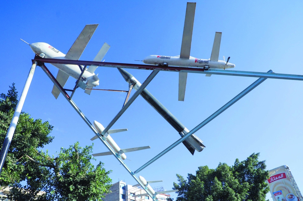 A picture shows an installation of drone models in Tahrir Square in the Yemeni capital Sanaa. - AFP
