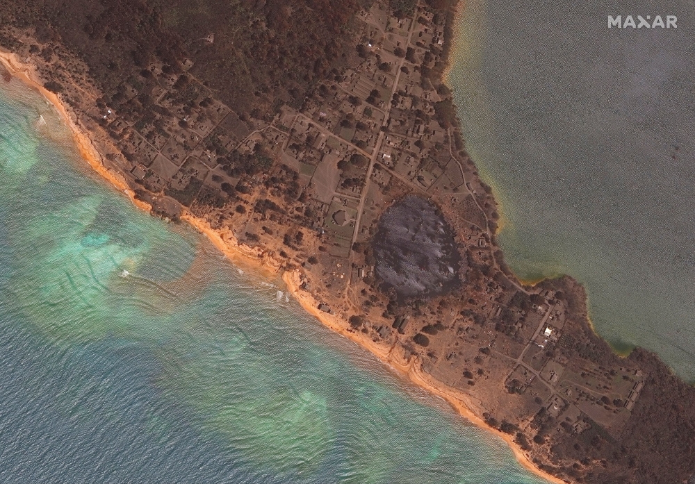 A satellite image shows the Nomuka island after Hunga Tonga-Hunga Ha'apai volcano eruption, in  Tonga, January 20, 2022. 