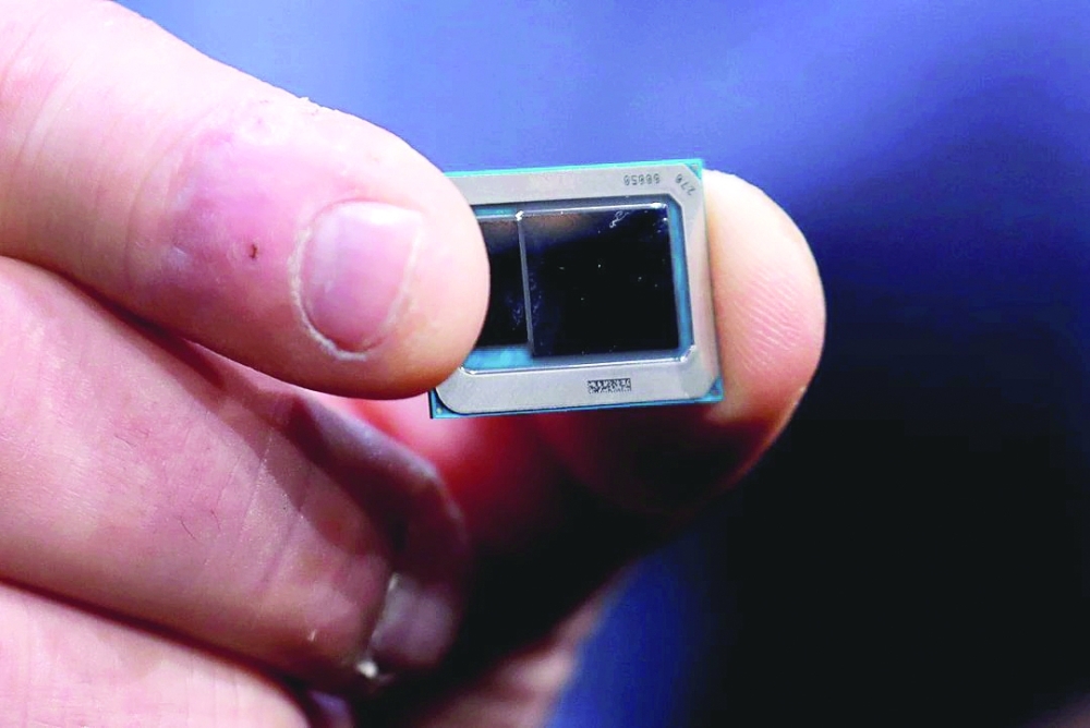 An Intel Tiger Lake chip is displayed at an Intel news conference during the 2020 CES in Las Vegas, Nevada.  — Reuters