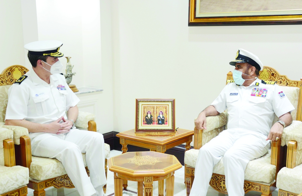 Rear Admiral Abdullah bin Khamis Al Raisi, Chief of Staff of the Sultan's Armed Forces, discusses, during his meeting with Rear Admiral Joao Pereira, 