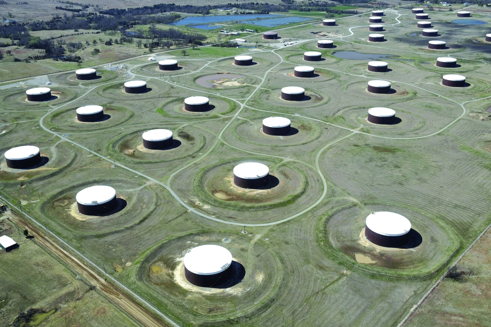 Crude oil storage tanks are seen in an aerial photograph at the Cushing oil hub in Cushing, Oklahoma. — Reuters