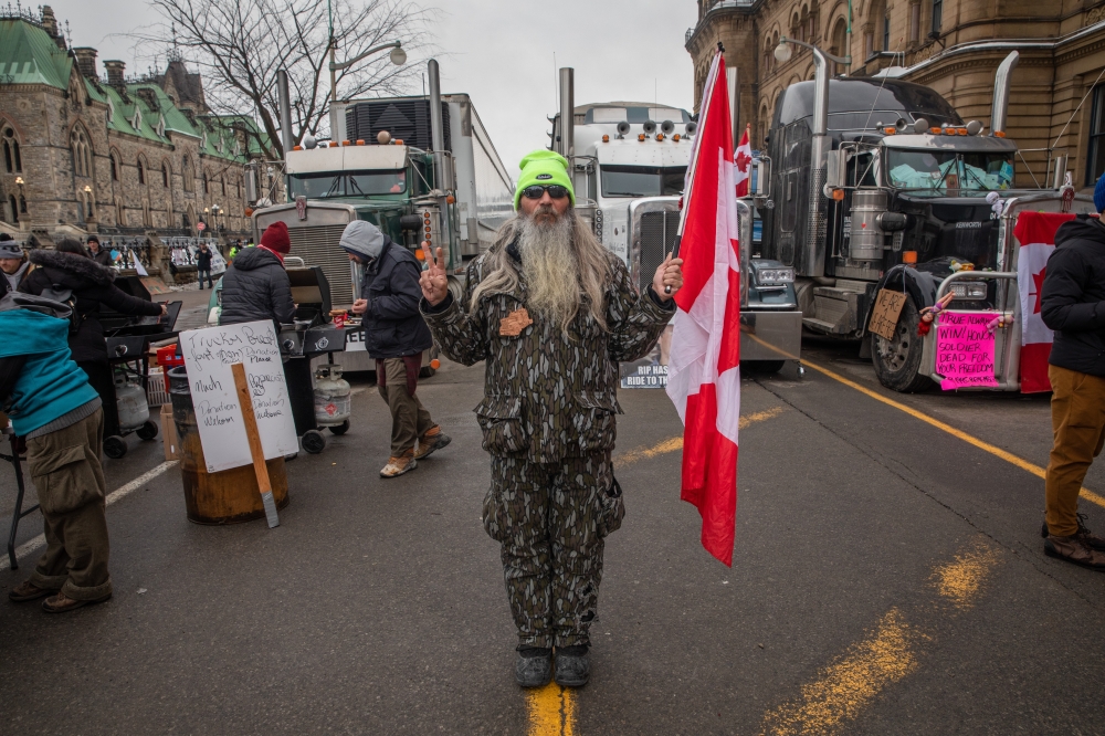 Protesters in downtown Ottawa, Ontario, on Friday, Feb. 11, 2022, in Canada, where they are demanding an end to vaccine mandates and coronavirus restrictions. (Brett Gundlock/The New York Times)