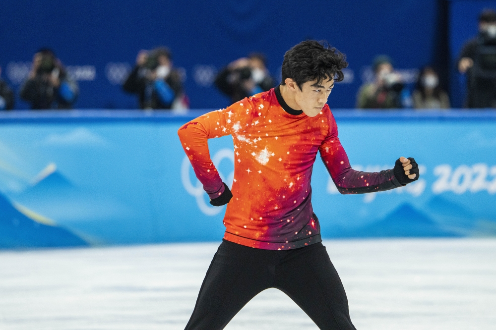 Nathan Chen of the U.S. competes in the free skating portion of the men’s single skating event at the 2022 Winter Olympics in Beijing, on Thursday, Feb. 10, 2022. (Hiroko Masuike/The New York Times)