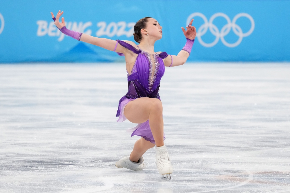 Kamila Valieva of the Russian Olympic Committee team competes in the team figure skating event at the Winter Olympics in Beijing, Feb. 6, 2022. (Gabriela Bhaskar/The New York Times)