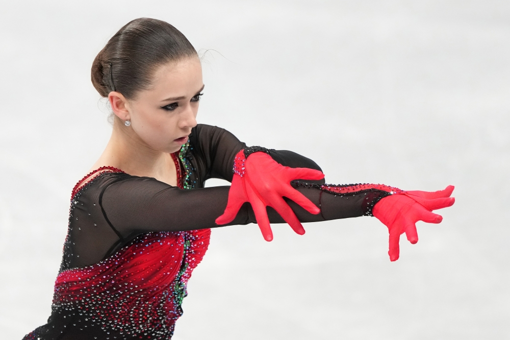 Kamila Valieva of the Russian Olympic Committee competes in the women's single skating portion of the team figure skating event at the 2022 Winter Olympics in Beijing, on Monday, Feb. 7, 2022. (Chang W. Lee/The New York Times)
