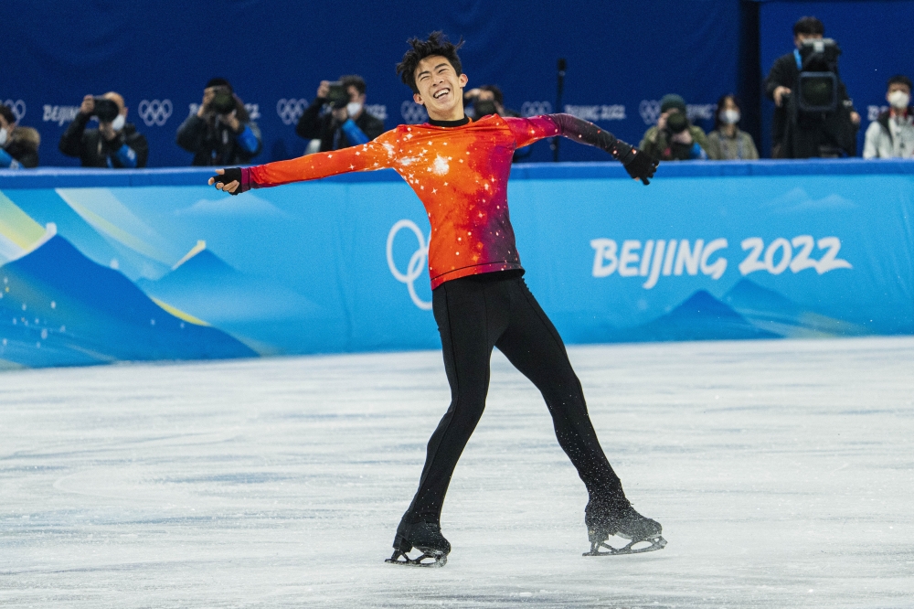 Nathan Chen of the U.S. competes in the free skating portion of the men’s single skating event at the 2022 Winter Olympics in Beijing, on Thursday, Feb. 10, 2022. (Hiroko Masuike/The New York Times)