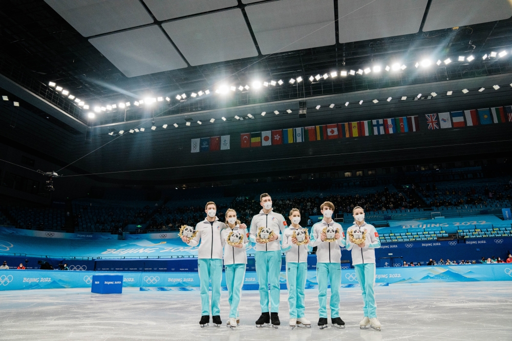 The Russian Olympic Committee figure skating team won gold at the skating team competition of the the 2022 Winter Olympics in Beijing, on Monday, Feb. 7, 2022. (Gabriela Bhaskar/The New York Times)
