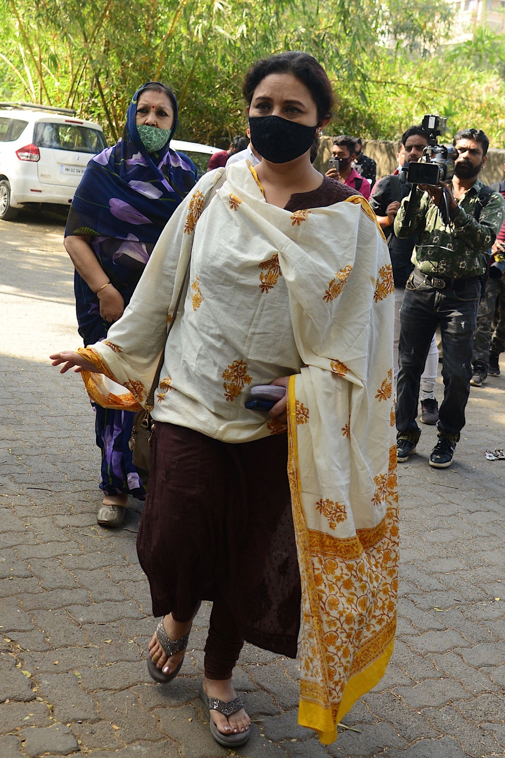 Bollywood actress Shravani Mukherjee arrives to pay her respect at the residence of late Bollywood singer-composer Bappi Lahiri in Mumbai on February 16, 2022. 