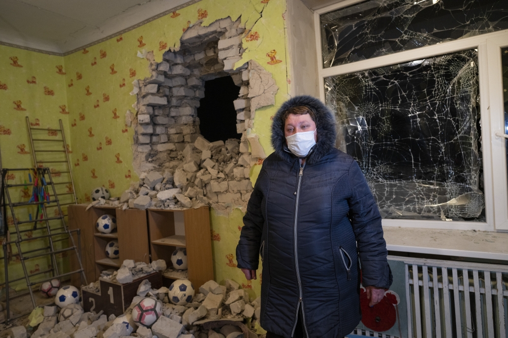 A kindergarten damaged by shelling in the town of Stanytsia Luhanska, Ukraine, Feb. 17, 2022.  (Lynsey Addario/The New York Times) 