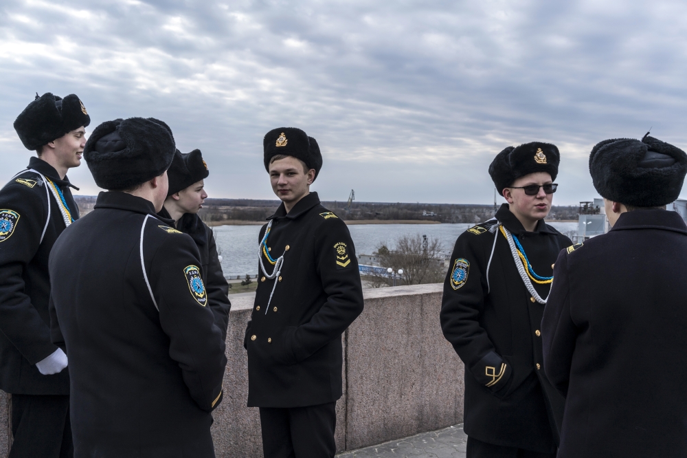 Naval cadets from a local maritime academy before a ceremony to mark Unity Day in Kherson, Ukraine, on Wednesday, Feb. 16, 2022. (Brendan Hoffman/The New York Times)