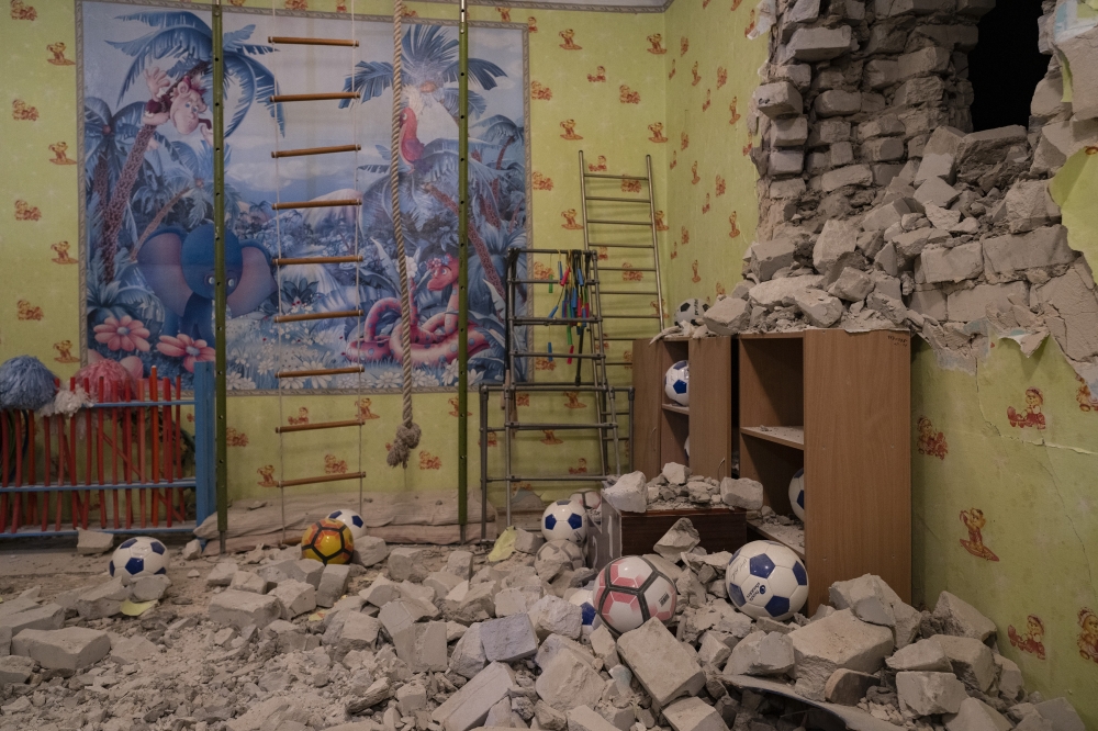 A damaged room in a kindergarten in the town of Stanytsia Luhanska, Ukraine, Feb. 17, 2022.  (Lynsey Addario/The New York Times) 
