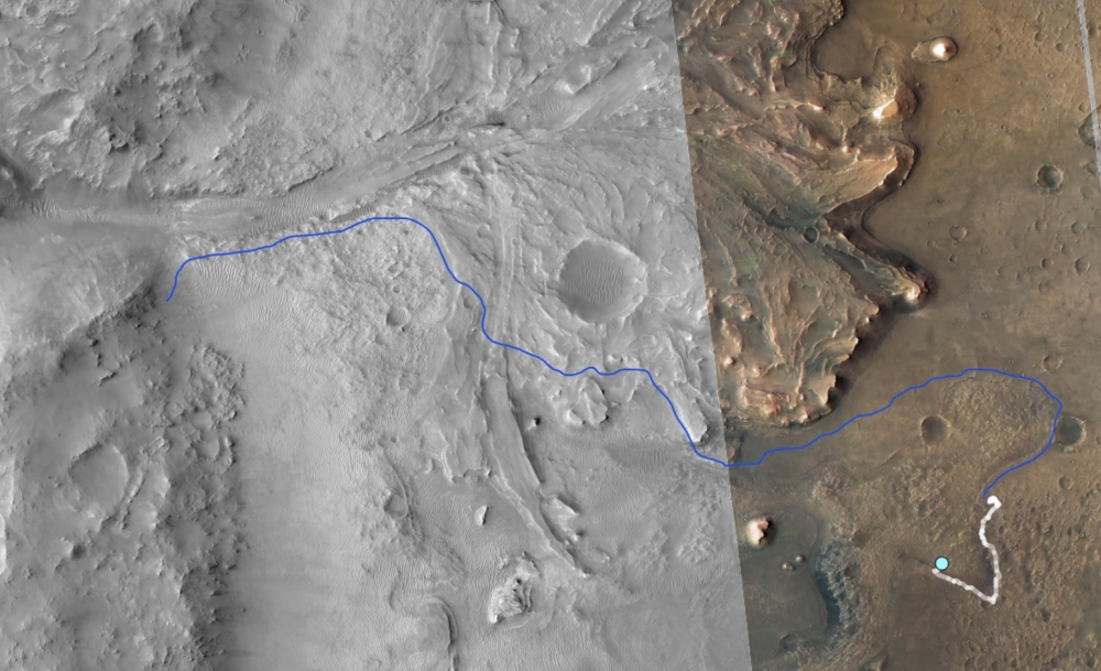 An undated photo provided by NASA/JPL-Caltech shows an annotated image from the Mars Reconnaissance Orbiter, with the white line tracking Perseverances route since landing on Mars. (NASA/JPL-Caltech via The New York Times)