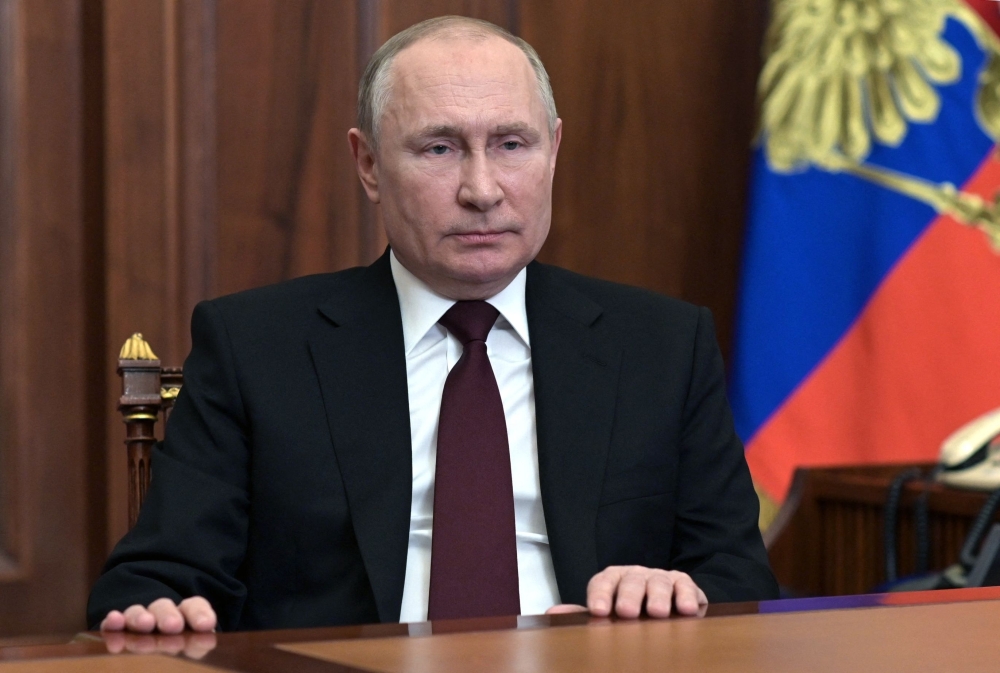 Russian President Vladimir Putin speaks during his address to the nation at the Kremlin in Moscow on February 21, 2022. 