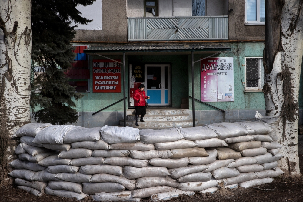 A barricaded shop in Novoluhanske, a town in eastern Ukraine, Feb. 20, 2022. (Tyler Hicks/The New York Times)