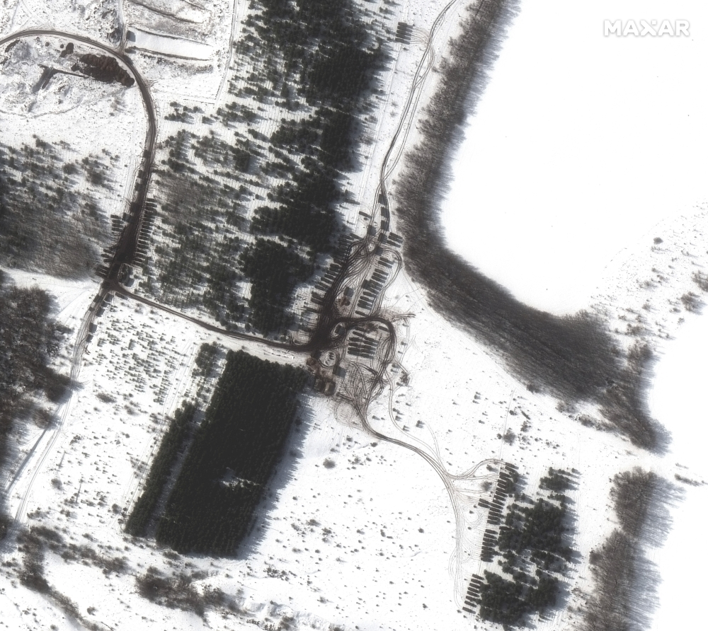 In a satellite image provided by Maxar Technologies, a Russian military deployment east of the city of Valuyki, Russia, Saturday, Feb. 19, 2022. (Satellite image ©2022 Maxar Technologies via The New York Times)  