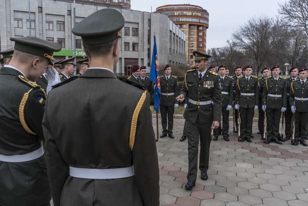 Military cadets in Odessa, Ukraine, before a ceremony commemorating the eighth anniversary of the Maidan attack, Feb. 20, 2022. (Brendan Hoffman/The New York Times)