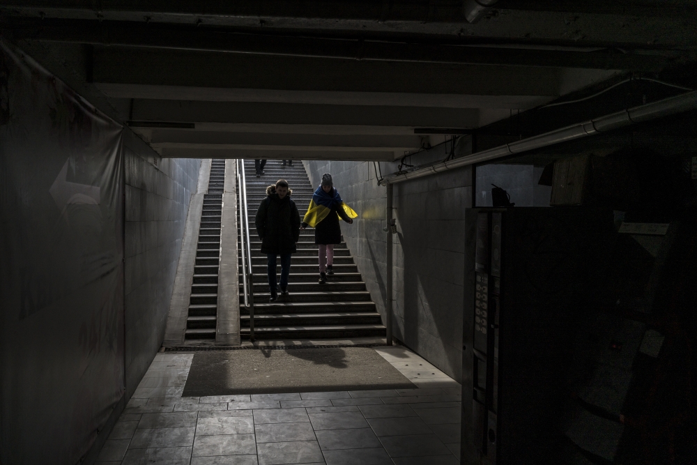 Participants in a march commemorating the eighth anniversary of the Maidan attack in Odessa, Ukraine, Feb. 20, 2022. (Brendan Hoffman/The New York Times)