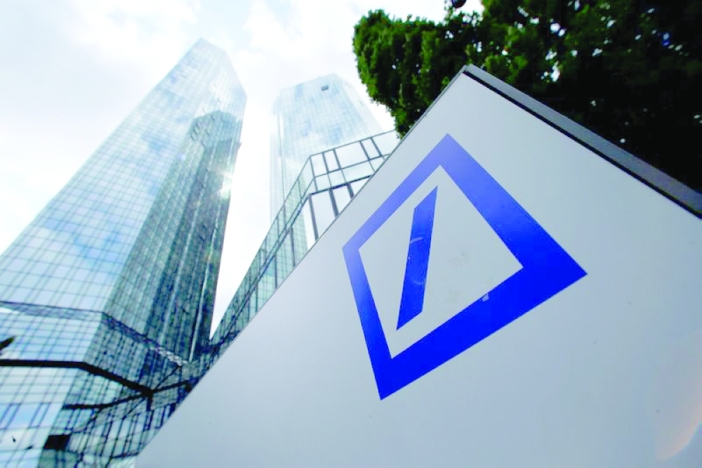 A Deutsche Bank logo adorns a wall at the company's headquarters in Frankfurt
