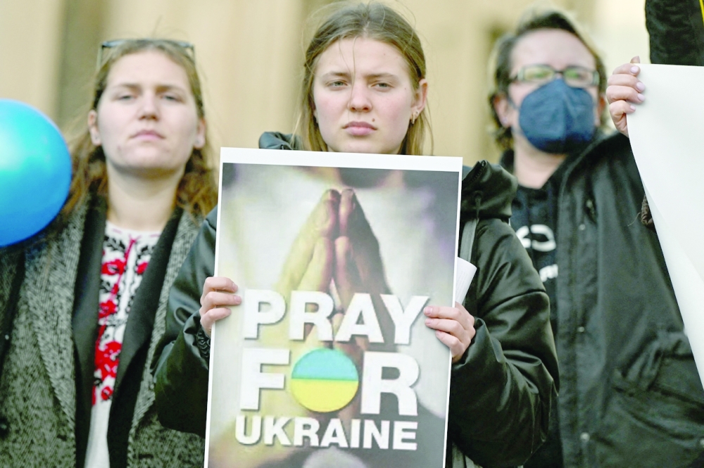 Ukrainians living in Greece demonstrate in central Athens after Russia launched attack on Ukraine, on Thursday. - AFP