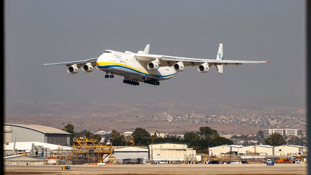 This file photo taken on August 03, 2020 shows a view of the Soviet-built Antonov Airlines Antonov An-225 Mriya strategic airlift cargo aircraft, 