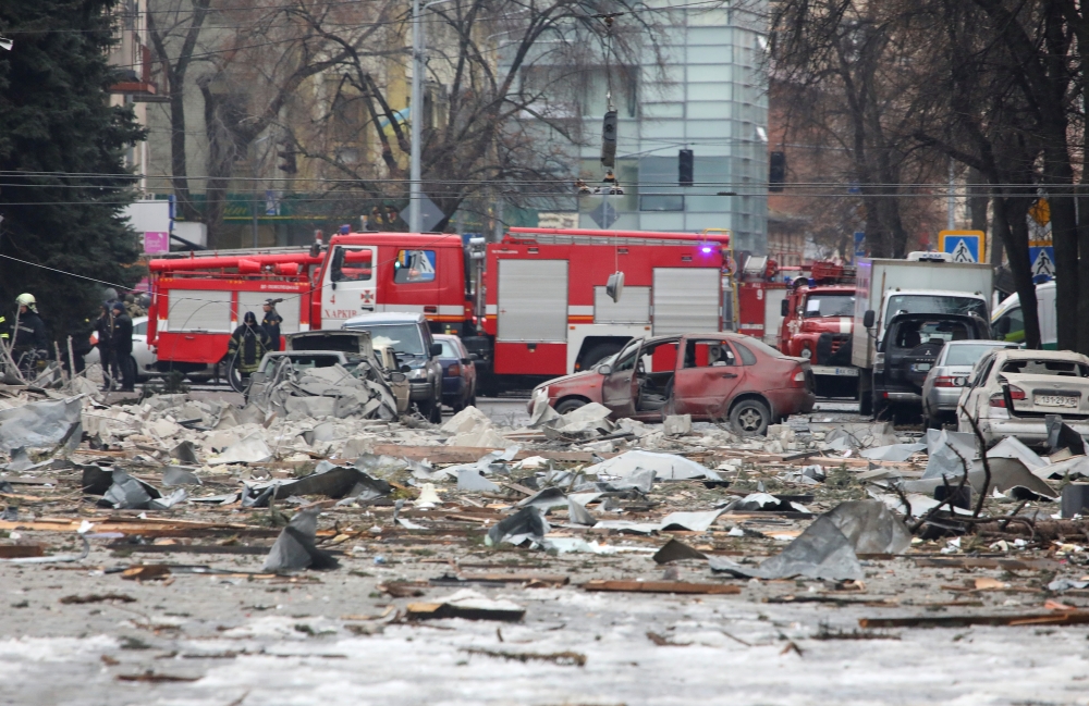 A view shows the area near the regional administration building, which city officials said was hit by a missile attack
