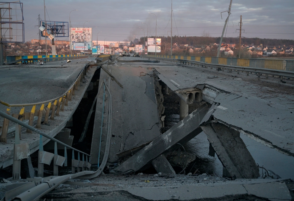 A view shows a destroyed bridge near Bucha