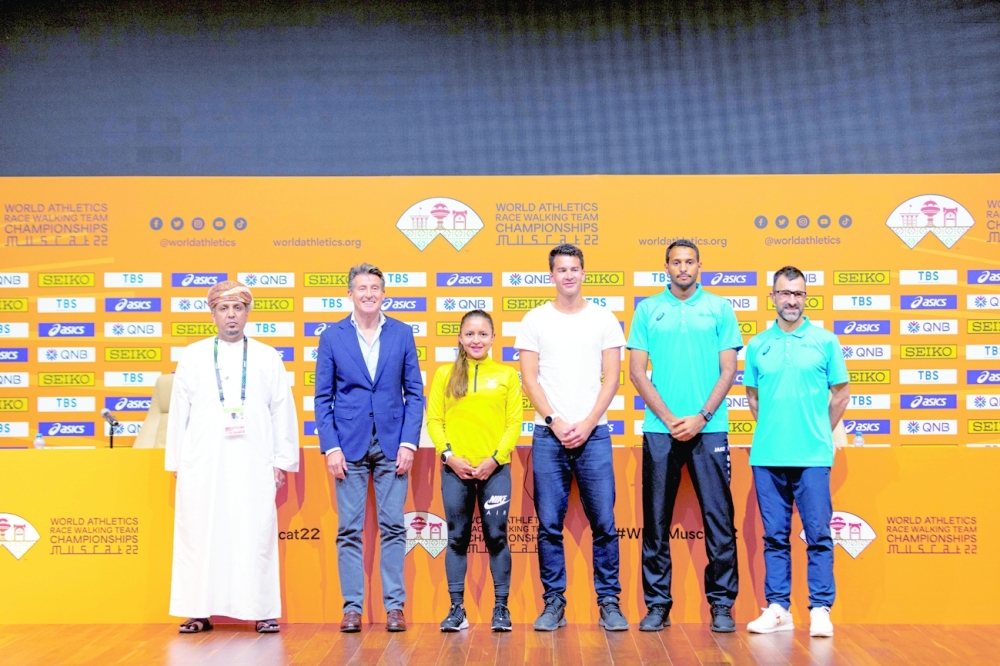 World Athletics President Lord Sebastian Coe (second from left) with Sheikh Salim al Amri, Chairman of Oman Athletics Association  (left), and the athletes during a press conference, ahead of the World Athletics RaceWalking Team Championships 2022, in Muscat on Wednesday.