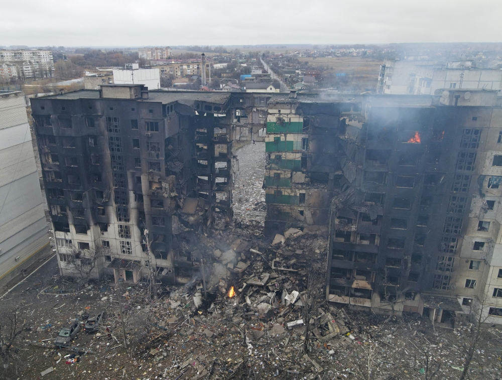 An aerial view shows a residential building destroyed by shelling, as Russia's invasion of Ukraine continues