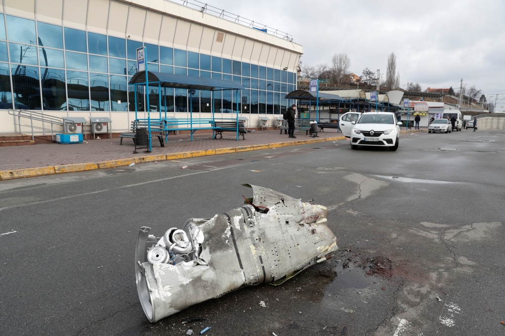 A view shows the remains of a missile at a bus terminal in Kyiv