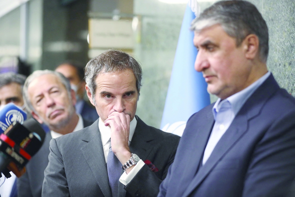 IAEA Director General Rafael Mariano Grossi during a news conference with Head of Iran’s Atomic Energy Organization Mohammad Eslami in Tehran. — Reuters