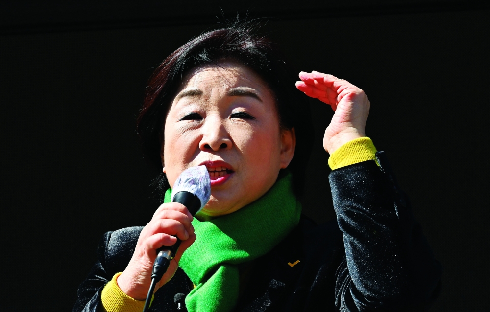 South Korea’s presidential candidate Sim Sang-jung of the opposition Justice Party during an election campaign in Seoul. — AFP
