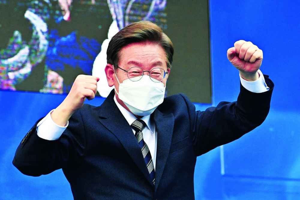 South Korea’s presidential candidate Lee Jae-myung of the ruling Democratic Party during an election campaign in Seoul ahead of the March 9 presidential election. — AFP