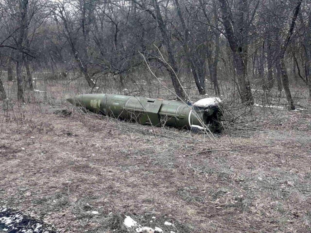 An unexploded short range hypersonic ballistic missile, according to Ukrainian authorities, from  Iskander complex is seen