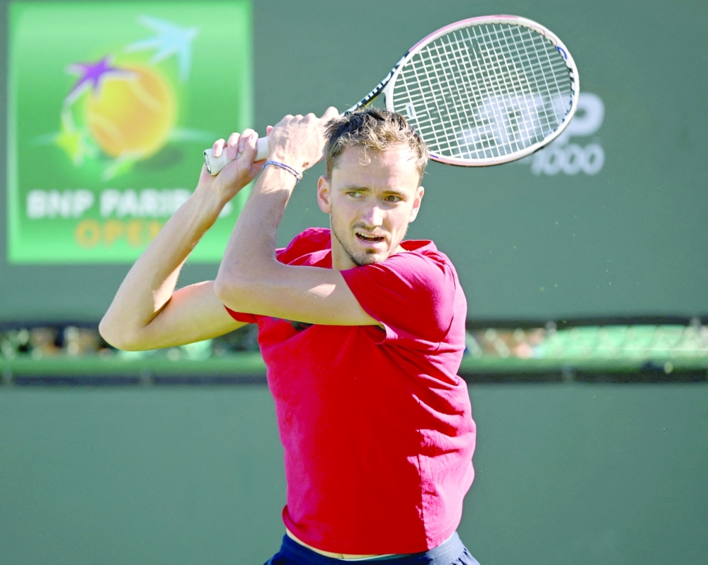 Mar 7, 2022; Indian Wells, CA, USA;  Daniil Medvedev (RUS) on the practice courts at the BNP Paribas Open at the Indian Wells Tennis Garden. Mandatory Credit: Jayne Kamin-Oncea-USA TODAY Sports