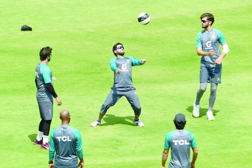 Pakistan’s players attend a practice session at the National Stadium in Karachi. — AFP