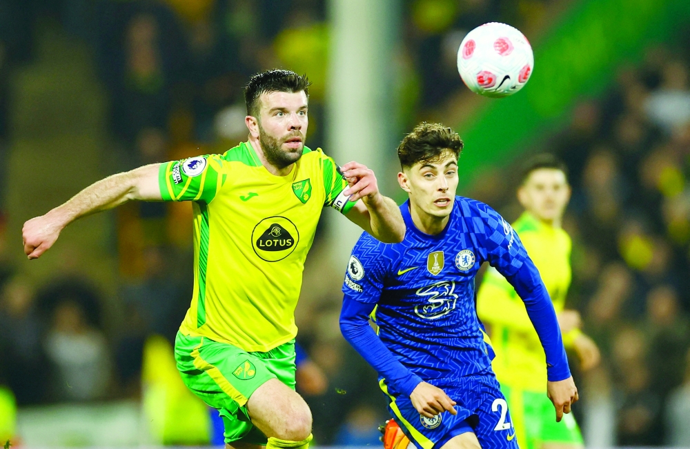 Chelsea's Kai Havertz in action with Norwich City's Grant Hanley. -- Reuters