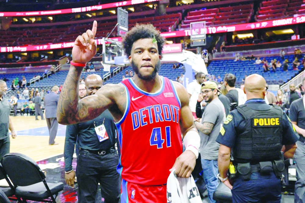 Detroit Pistons forward Saddiq Bey (41) reacts after scoring 51 points against the Orlando Magic at Amway Center. -- USA Today Sports