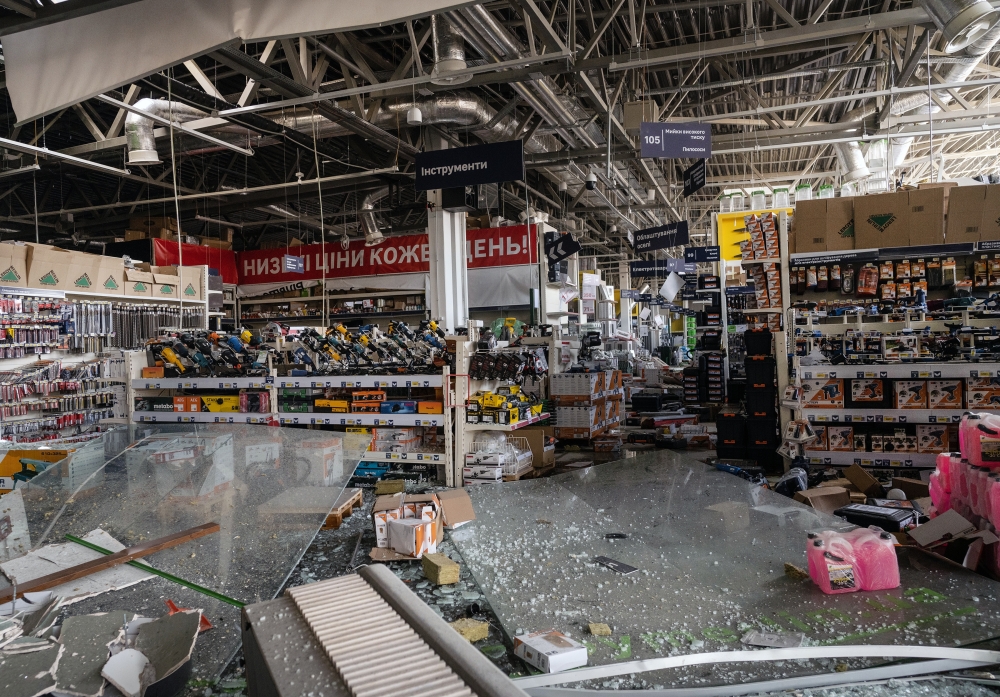 The inside of a store after a Russian missile strike on a sprawling shopping mall in Kyiv on Monday, March 21, 2022. (Lynsey Addario/The New York Times)