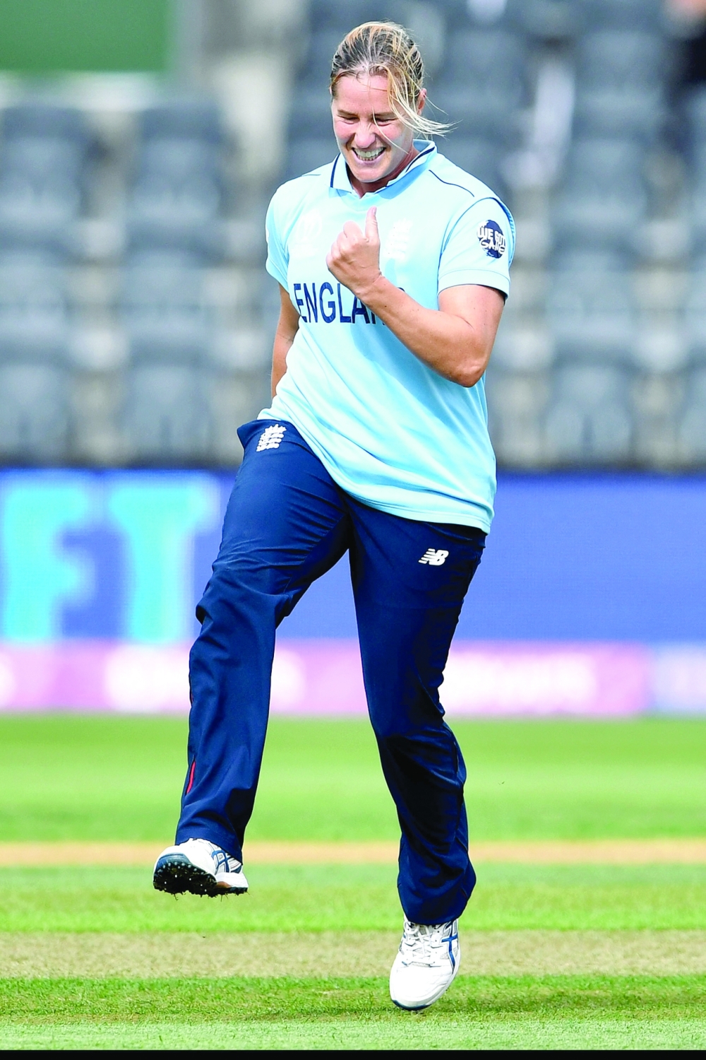 England's Katherine Brunt celebrates the wicket of Pakistan's Sidra Ameen during the Women's Cricket World Cup match. -- AFP